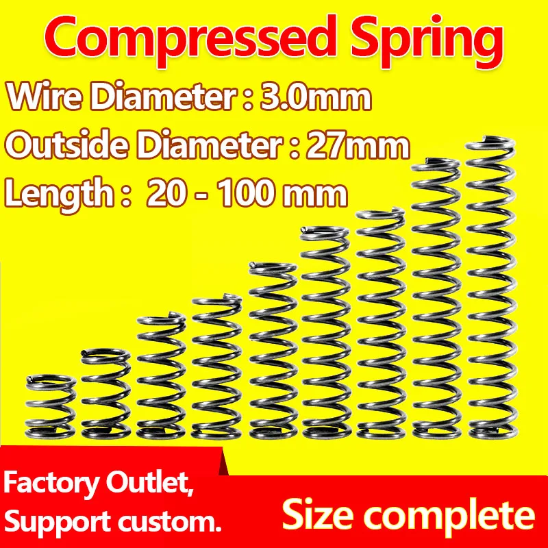 Compressed Spring Wire Diameter 3.0mm, Outer Diameter 27mm Release Spring Return Spring Pressure Spring Drawings to Customize
Compressed Spring Wire Diameter 3.0mm, Outer Diameter 27mm Release Spring Return Spring Pressure Spring Drawings to Customize