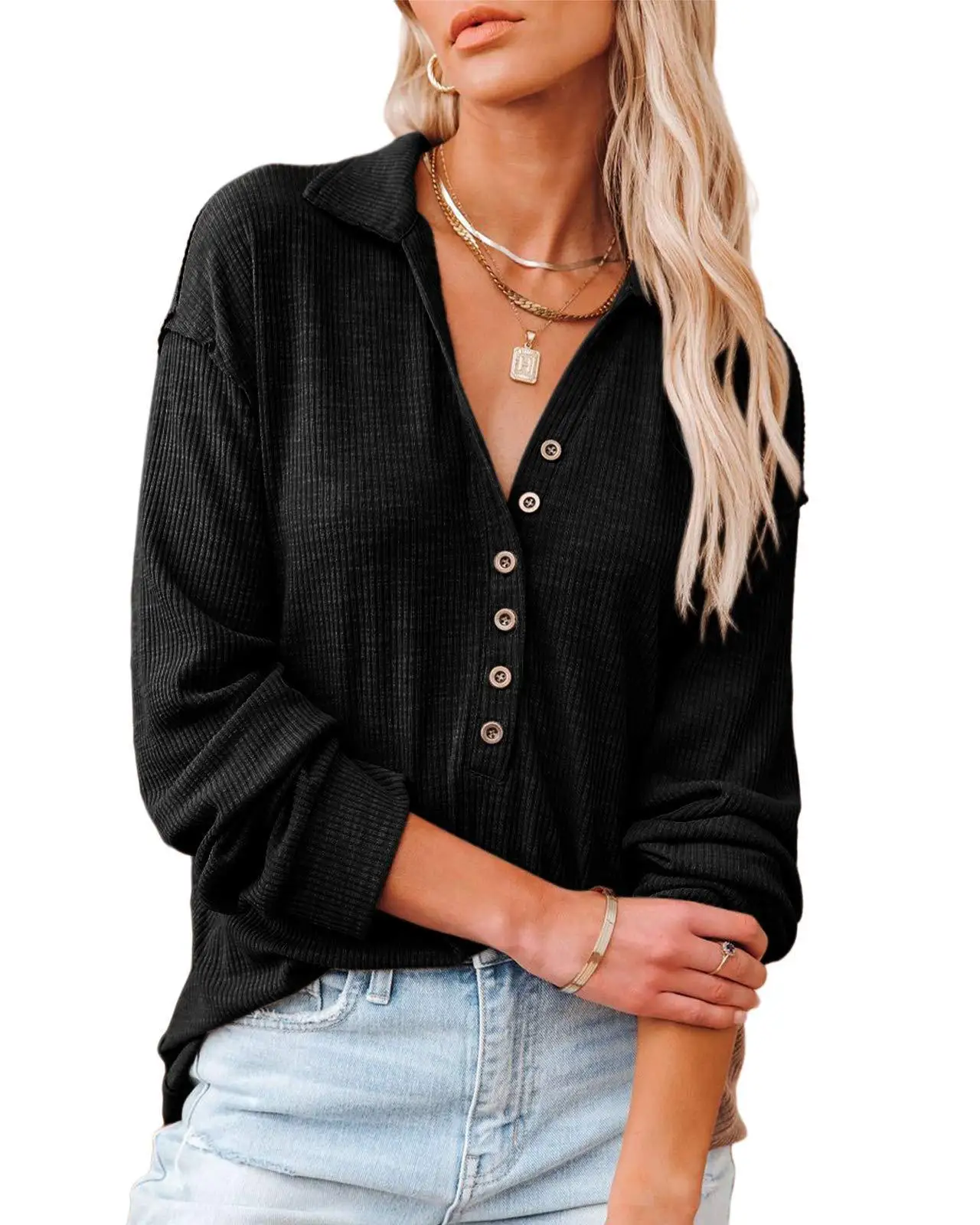 Autumn Women T Shirts Turndown Collar Button Deep V Neck Solid Color Long Sleeve Knitted Pullover T Shirts Lady Tops Casual
Autumn Women T Shirts Turndown Collar Button Deep V Neck Solid Color Long Sleeve Knitted Pullover T Shirts Lady Tops Casual