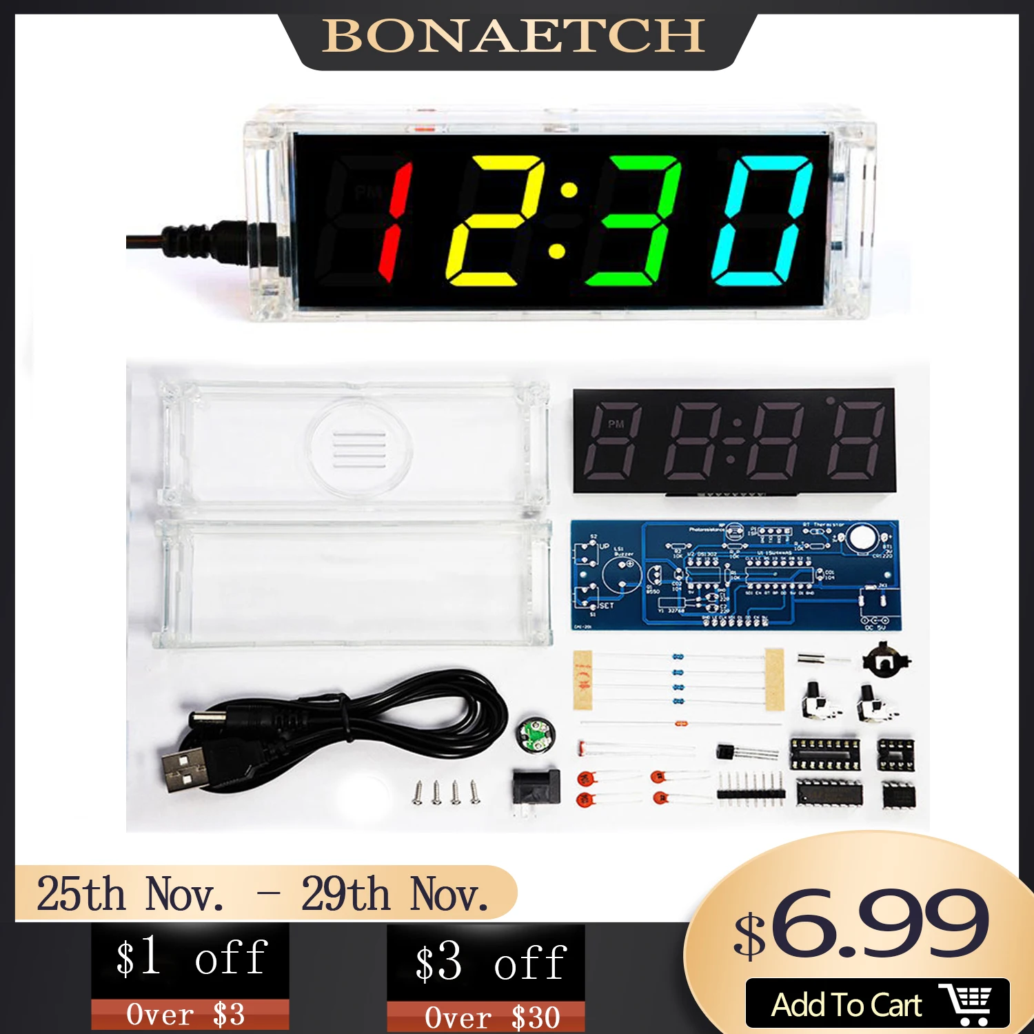 diy electronic clock kit 4 digital tube multicolor LED time week temperature date display with clear case cover diy sodering kit
diy electronic clock kit 4 digital tube multicolor LED time week temperature date display with clear case cover diy sodering kit