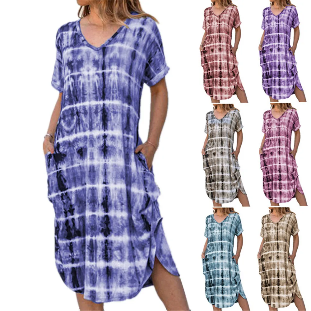 Short-Sleeved V-Neck Loose Print Dress Tie-Dye Plaid Printed A-Line Loose Mid-Long Dresses Women Summer Casual Irregular Dress
Short-Sleeved V-Neck Loose Print Dress Tie-Dye Plaid Printed A-Line Loose Mid-Long Dresses Women Summer Casual Irregular Dress