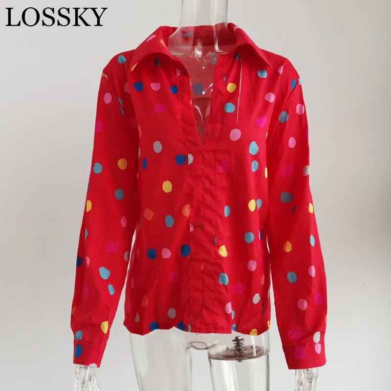 

Vintage Colorful Polka Dot Print Blouse Deep V Neck Long Sleeve Blusas Casual Women Spring Tops Boho Camisa Kimono Ladies Shirts