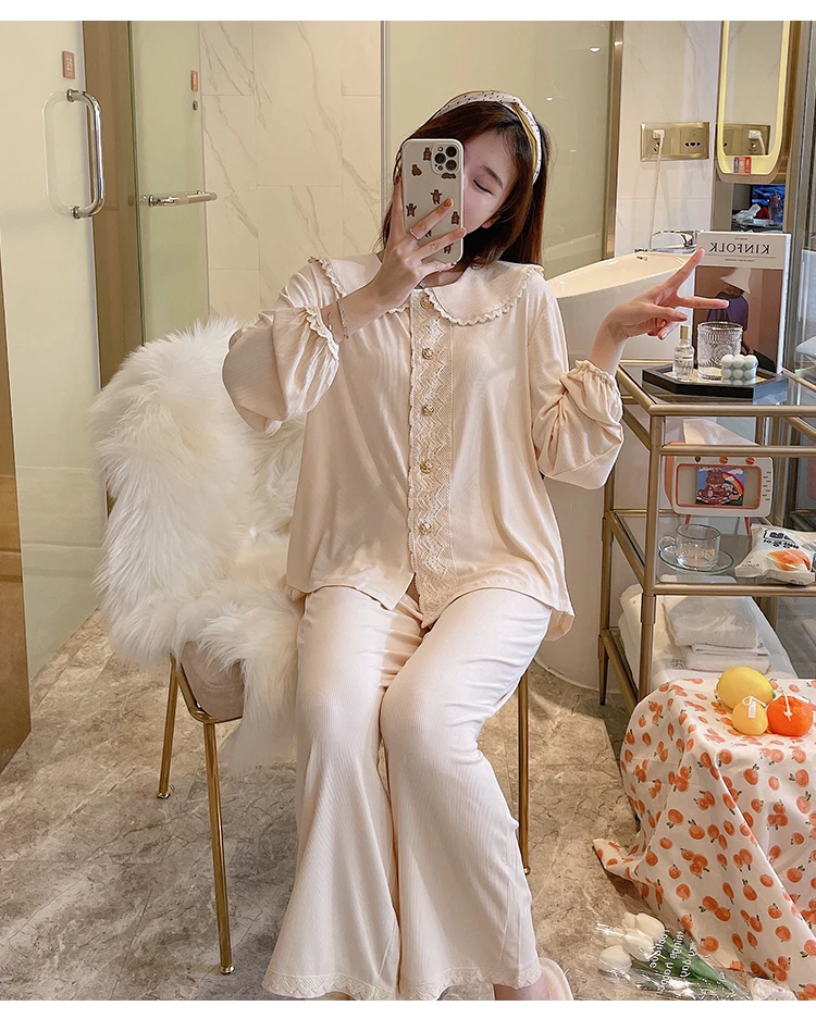 Spring&Autumn New Pajamas Set Women Sweet Turn-down Collar Lace Princess Style Sleepwear Simple Modal Cotton Home Wear Girl
Spring&Autumn New Pajamas Set Women Sweet Turn-down Collar Lace Princess Style Sleepwear Simple Modal Cotton Home Wear Girl