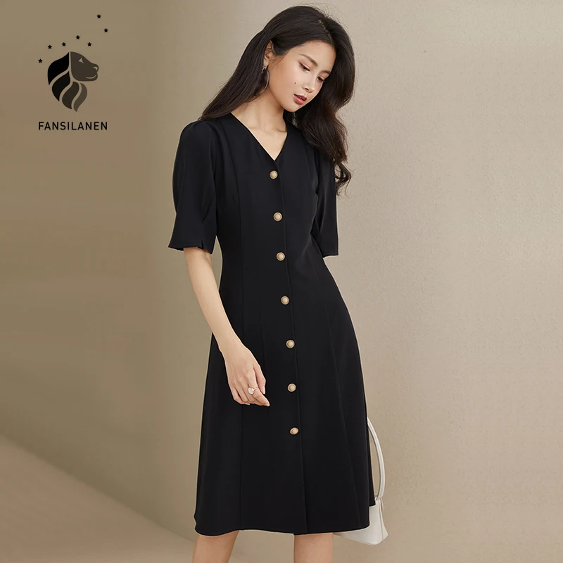 FANSILANEN Elegant V Neck Black Office Dress Women Short Sleeve Slim Vintage Midi Dress Summer Female Sexy Button Up Shirt Dress
FANSILANEN Elegant V Neck Black Office Dress Women Short Sleeve Slim Vintage Midi Dress Summer Female Sexy Button Up Shirt Dress