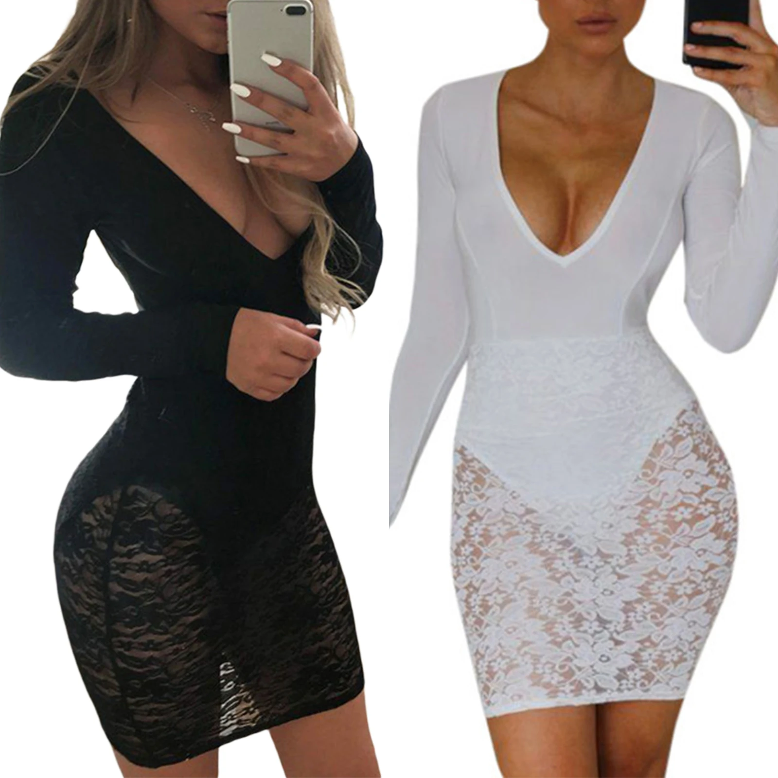 hirigin New Fashion Women's Sexy Bodycon Mini Dress Long Sleeve Deep V Neck Lace See-through Patchwork Bikini Cover Dress
hirigin New Fashion Women's Sexy Bodycon Mini Dress Long Sleeve Deep V Neck Lace See-through Patchwork Bikini Cover Dress