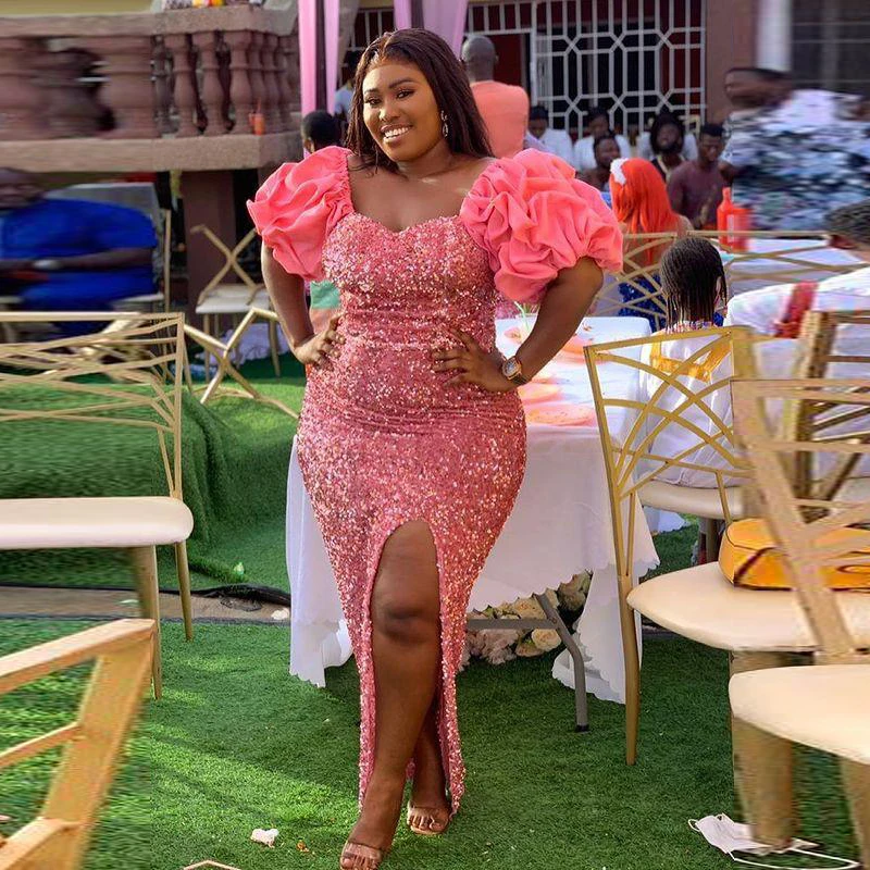 Sequined Shiny Aso Ebi Mermaid Prom Dressess High Side Split Plus Size Evening Dress Formal Party Gowns With Puffy Short Sleeves
Sequined Shiny Aso Ebi Mermaid Prom Dressess High Side Split Plus Size Evening Dress Formal Party Gowns With Puffy Short Sleeves