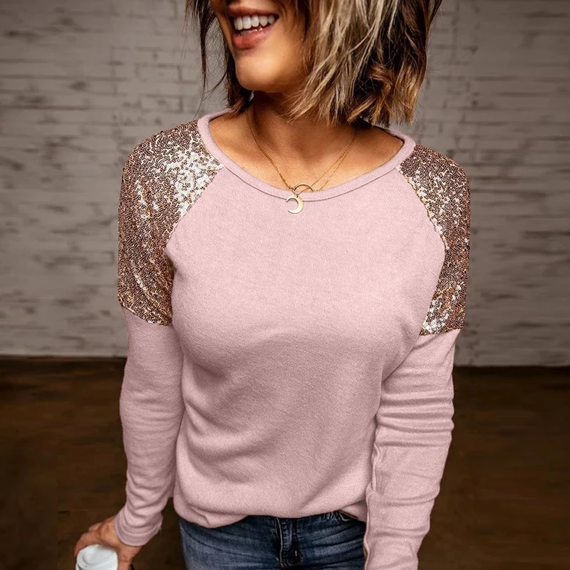 Wnter Fashion T-shirt Sequins Stitching Long-sleeved Shirt Round Neck Casual Loose Women Pure Color Plus Size Female Tee New Top
Wnter Fashion T-shirt Sequins Stitching Long-sleeved Shirt Round Neck Casual Loose Women Pure Color Plus Size Female Tee New Top