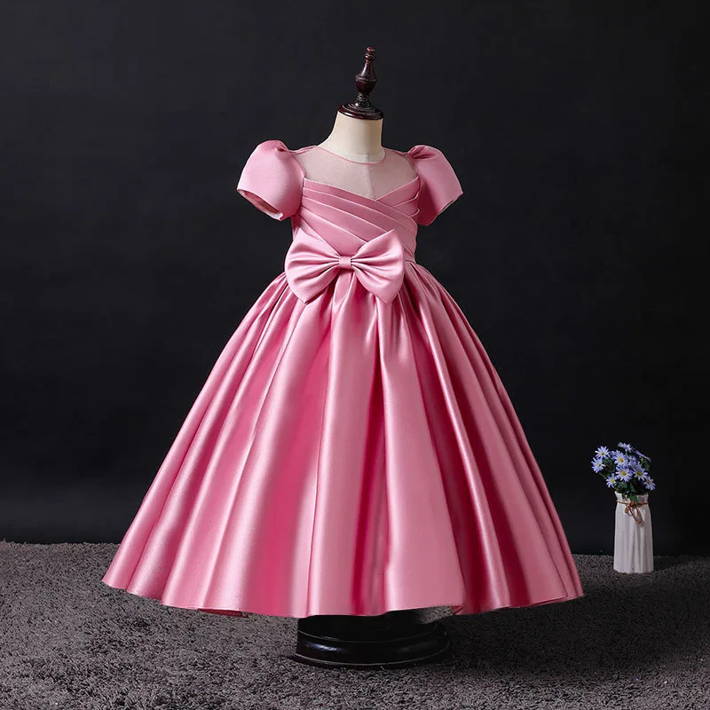 

Girls Dress 2022 New Satin Bow Knot Pleated Korean Princess Dress Host Catwalk Piano Performance Dresses Baby Birthday Dresses