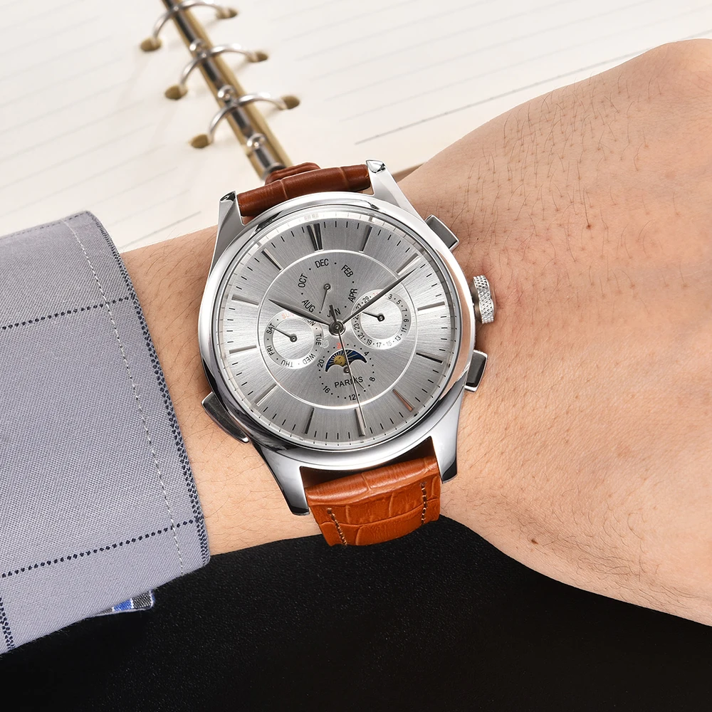 44MM PARNIS Automatic Self-Wind movement men's watch Silver dial Moon Phase Multifunction week display Date watches
44MM PARNIS Automatic Self-Wind movement men's watch Silver dial Moon Phase Multifunction week display Date watches