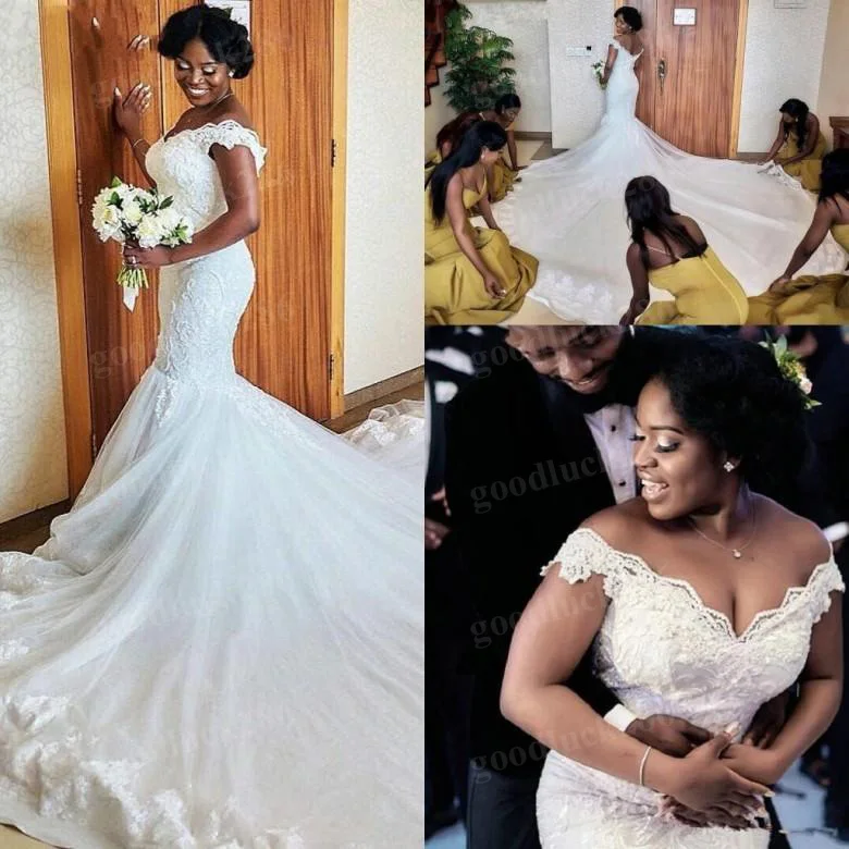 

Потрясающие Свадебные платья с открытыми плечами и юбкой-годе, свадебное платье со шлейфом, свадебные платья с кружевной аппликацией