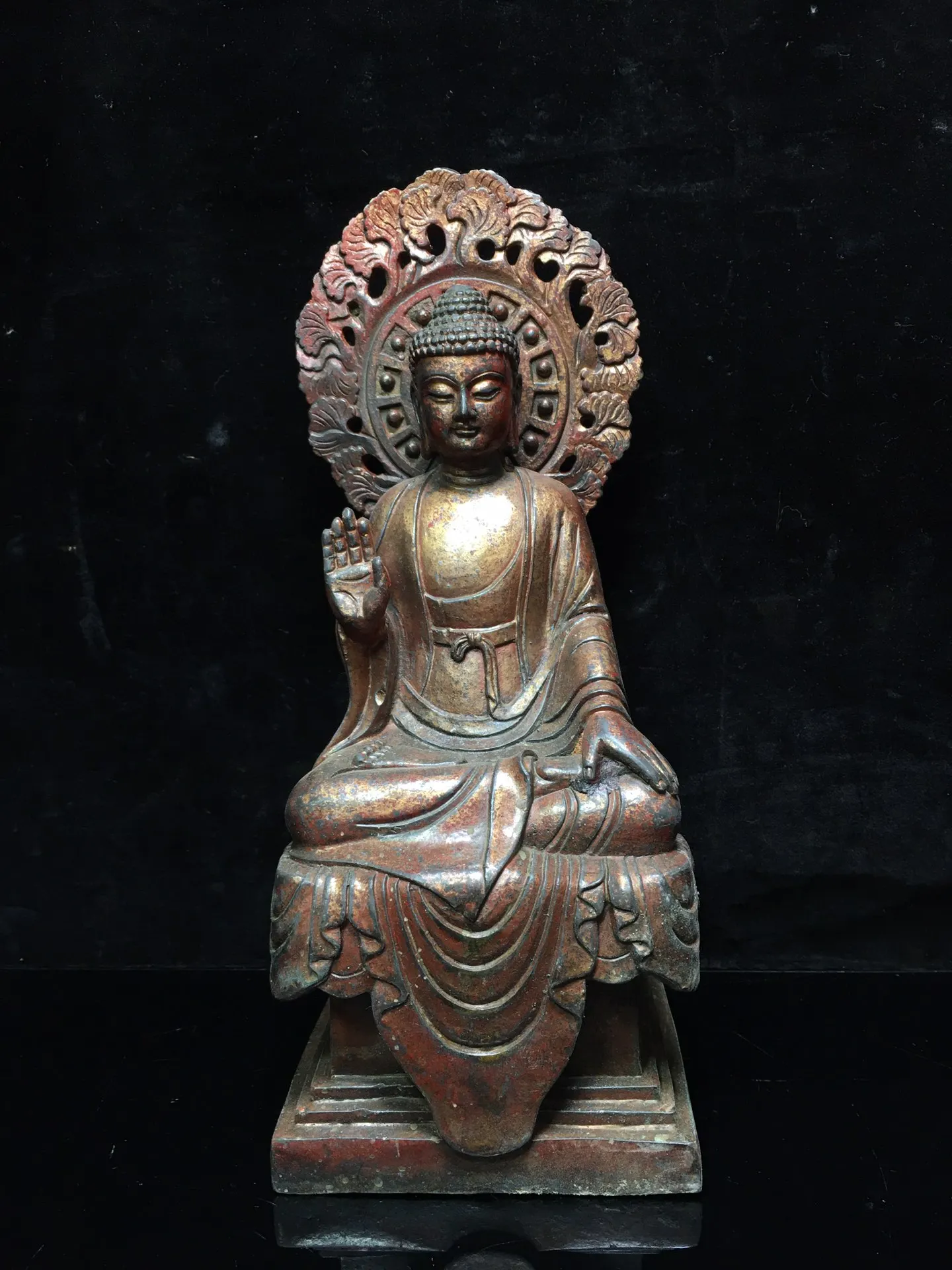 11"Tibet Buddhism Old Bronze Cinnabar Lacquer Back light Great Buddha Tathagata Shakyamuni Buddha Statue Sitting Buddha
11"Tibet Buddhism Old Bronze Cinnabar Lacquer Back light Great Buddha Tathagata Shakyamuni Buddha Statue Sitting Buddha