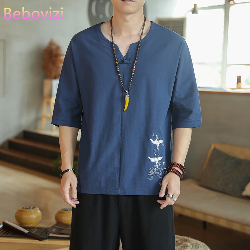 Summer Chinese Style Orient Tang Crane Embroidery Hanfu Men T-shirt Black White Navy Gray Loose Cotton Linen Tshirt Han Fu Tops 
Summer Chinese Style Orient Tang Crane Embroidery Hanfu Men T-shirt Black White Navy Gray Loose Cotton Linen Tshirt Han Fu Tops