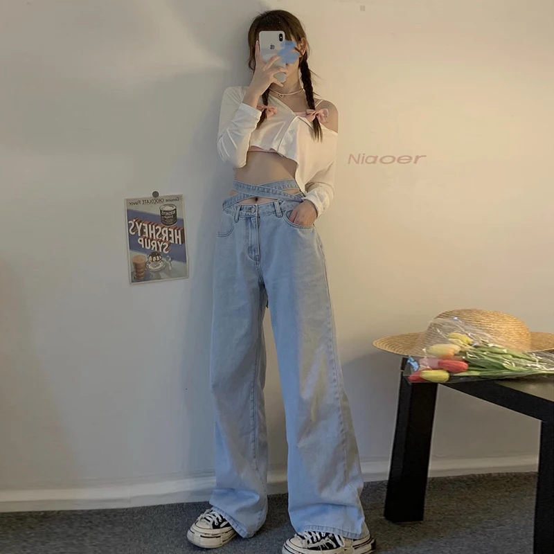 Shyloli Kawaii Lace Up High Waist Wide Leg Pants Blue Jeans Pockets High Street Fashion Long Pants 2021 Hot Girl 
Shyloli Kawaii Lace Up High Waist Wide Leg Pants Blue Jeans Pockets High Street Fashion Long Pants 2021 Hot Girl