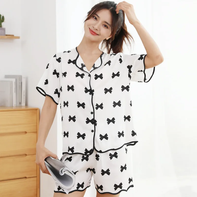Summer Women Pajamas Set White Sweet Print Bow Sleepwear Pijamas Suit Thin Silk Satin Short Sleeve Shorts 2-Piece Set Home Wear
Summer Women Pajamas Set White Sweet Print Bow Sleepwear Pijamas Suit Thin Silk Satin Short Sleeve Shorts 2-Piece Set Home Wear