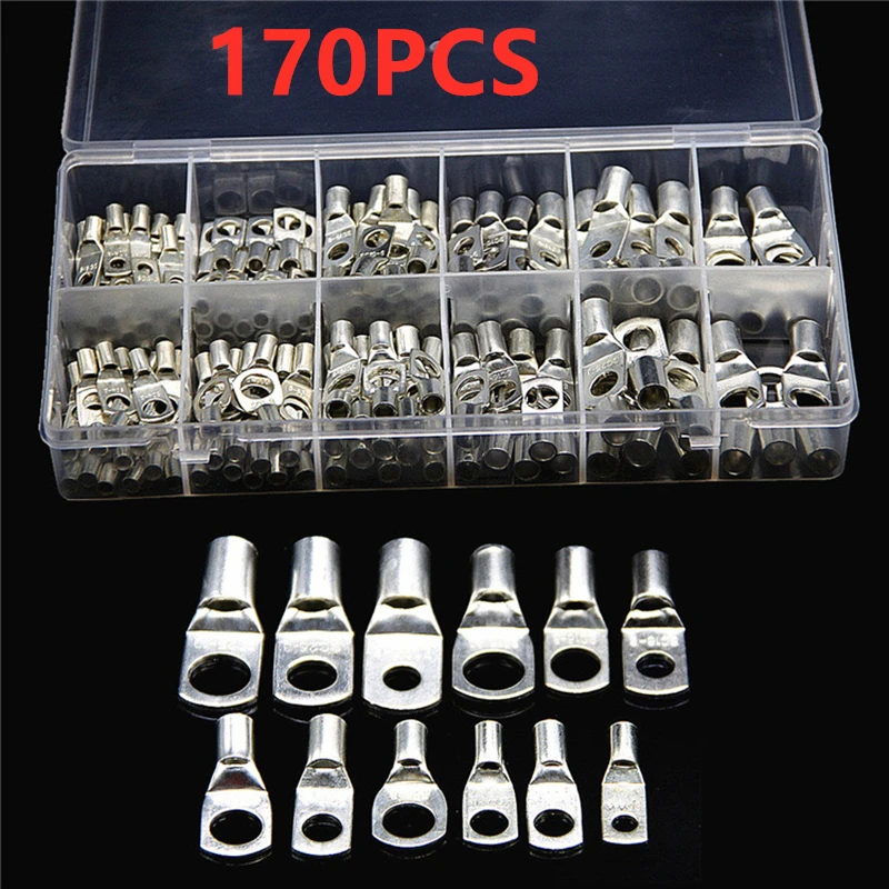 

170PCS Assortment SC Bare Terminals Tinned Copper Lug Ring Seal Wire Connectors Bare Cable Crimp/Soldered Terminal Kit