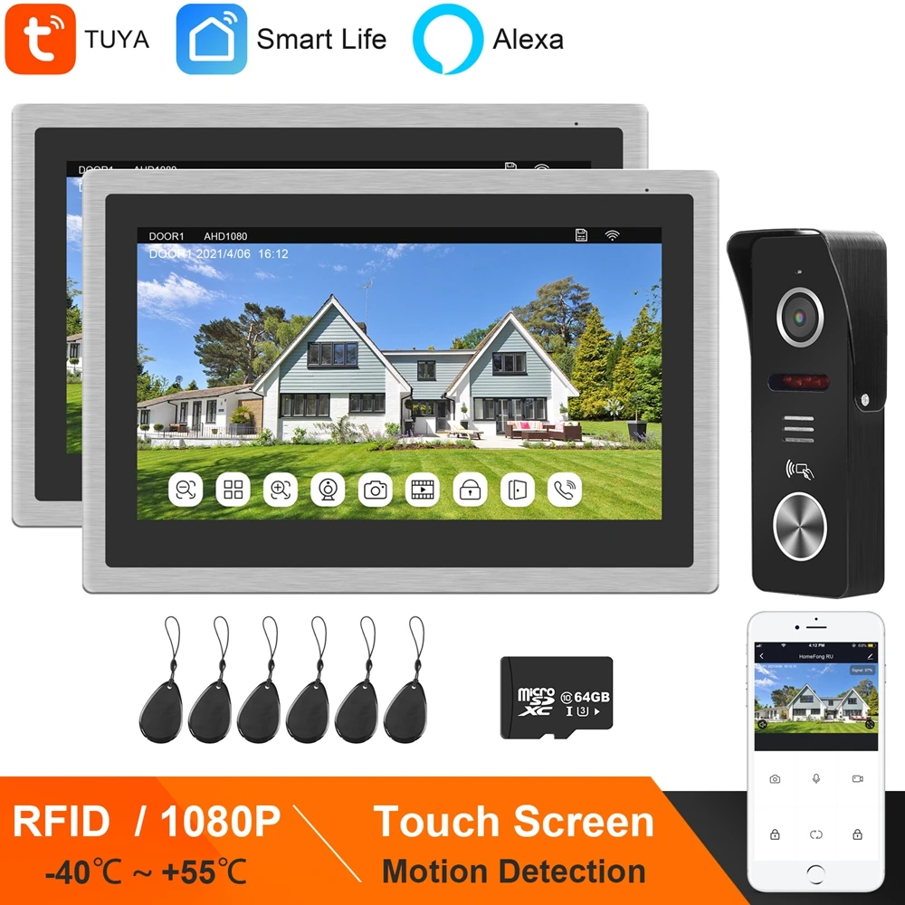 

HomeFong WIFI Video Intercom for Home Video Doorbell Camera RFID 1080P Muilt Monitors 10 Inch Touch Screen TUYA Smart Door Phone