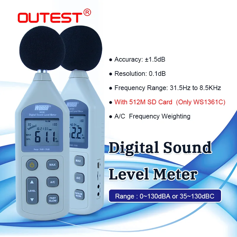 WS1361C 30-130dB LCD Digital Sound Level Meter Noise Measuring Instrument Decibel Monitoring Logger Tester With 512M SD card 
WS1361C 30-130dB LCD Digital Sound Level Meter Noise Measuring Instrument Decibel Monitoring Logger Tester With 512M SD card