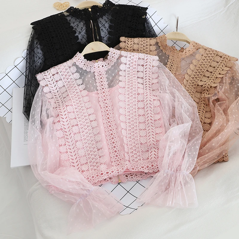 2PCS Women Flare Sleeve Mesh Gauze Polka Dot Hollow Out Lace Flower Basic Ruffle Shirt Vintage Elastic Slim Pullover Blouse Tops
2PCS Women Flare Sleeve Mesh Gauze Polka Dot Hollow Out Lace Flower Basic Ruffle Shirt Vintage Elastic Slim Pullover Blouse Tops
