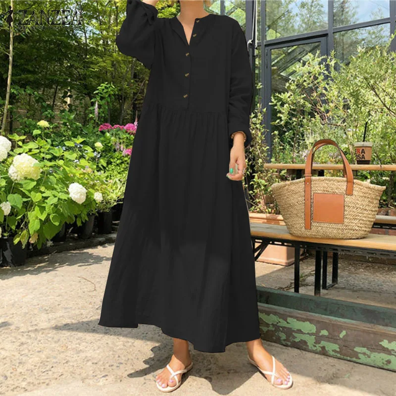 Осень 2021 женское повседневное однотонное длинное платье рубашка ZANZEA с карманами