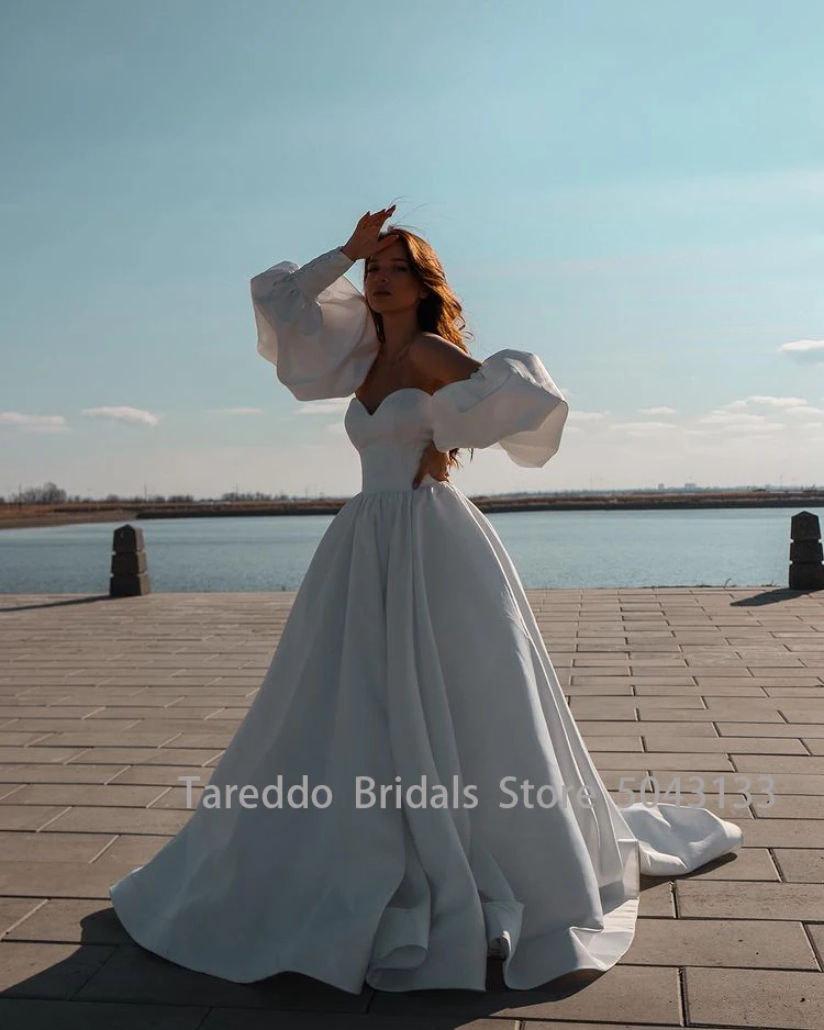Съемные пышные рукава трапециевидные атласные свадебные платья 2022 с открытыми