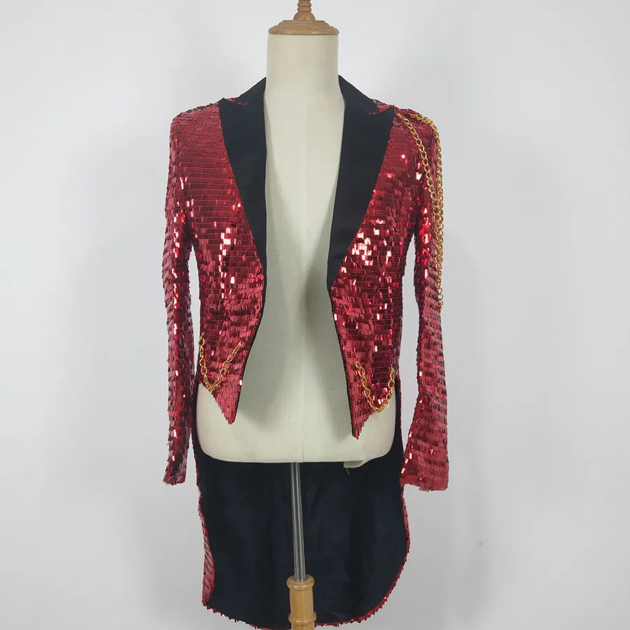 Red Sequins Metal Chain Tuxedo Blazers Men's Magician Singer Host Stage Tailcoat Bar Nightclub Male Performance Trailing Coat
Red Sequins Metal Chain Tuxedo Blazers Men's Magician Singer Host Stage Tailcoat Bar Nightclub Male Performance Trailing Coat