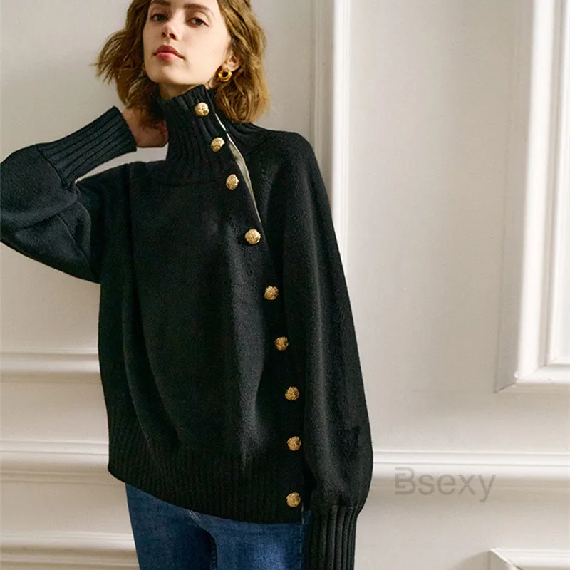 Turtleneck Sweater Women High Neck Black Oversized Knitted Pullovers Autumn Winter Casual Button Up Loose Solid Jumpers Sweater
Turtleneck Sweater Women High Neck Black Oversized Knitted Pullovers Autumn Winter Casual Button Up Loose Solid Jumpers Sweater
