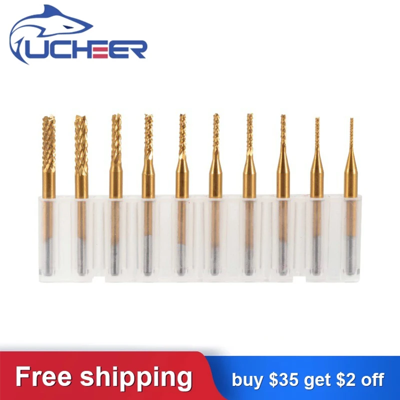 

UCHEER 10pcs set 3.175 PCB golden Corn milling Cutter Tungsten router bits cutting end mill for Engraving machine