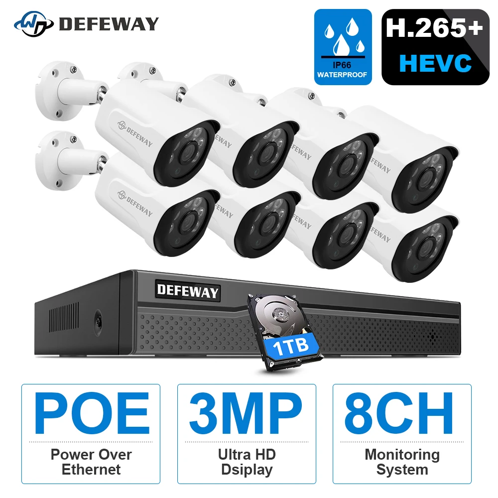 DEFEWAY 8CH 3.0MP POE NVR Kit H.265 + IP камера P2P облачная система видеонаблюдения ИК наружный