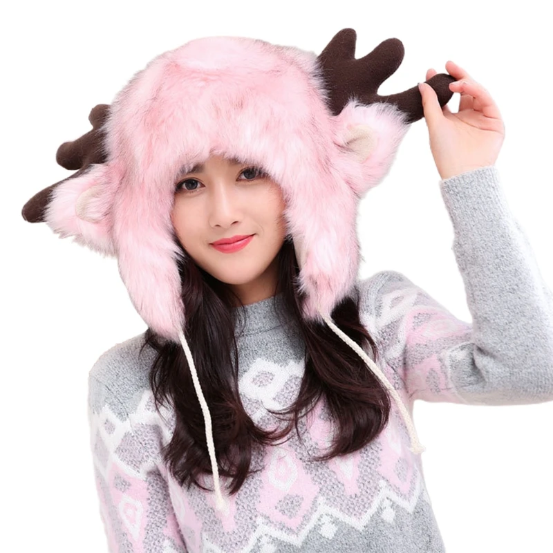 

Men Women Winter Cosplay Furry Trapper Hat Cute Deer Ears Antlers Fluffy Plush Animal Earflap Cap Outdoor Windproof Skiing 094B