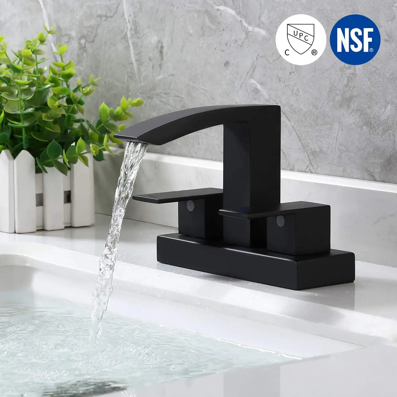 Brass Bathroom Sink Faucet Matte Black Two Handle Faucet 4 Inch Centerset Waterfall Modern Style Vanity cUPC NSF Certified
Brass Bathroom Sink Faucet Matte Black Two Handle Faucet 4 Inch Centerset Waterfall Modern Style Vanity cUPC NSF Certified