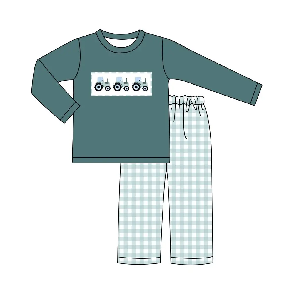 

Summer Clothes Navy Blue Short Sleeve Top Blue Plaid Trousers Train Pulling Lion Elephant And Giraffe Embroidery Boys Clothes