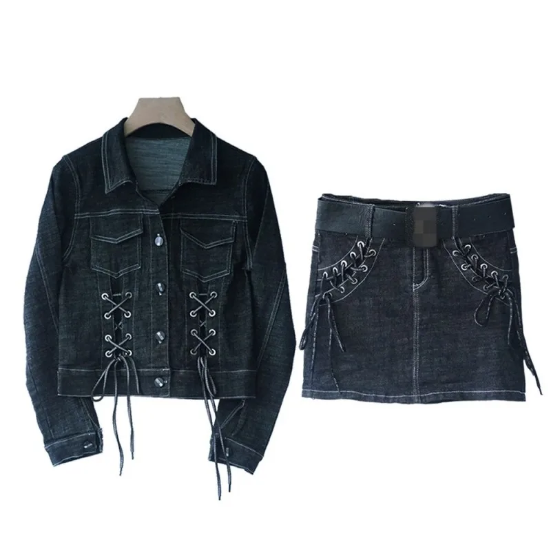 Women Criss-Cross Bandage Stretch Long Sleeve Denim Coat Wrap Skirt Two Piece Set OL Style Elegant Mini Skirt Black Set S-2XL 
Women Criss-Cross Bandage Stretch Long Sleeve Denim Coat Wrap Skirt Two Piece Set OL Style Elegant Mini Skirt Black Set S-2XL
