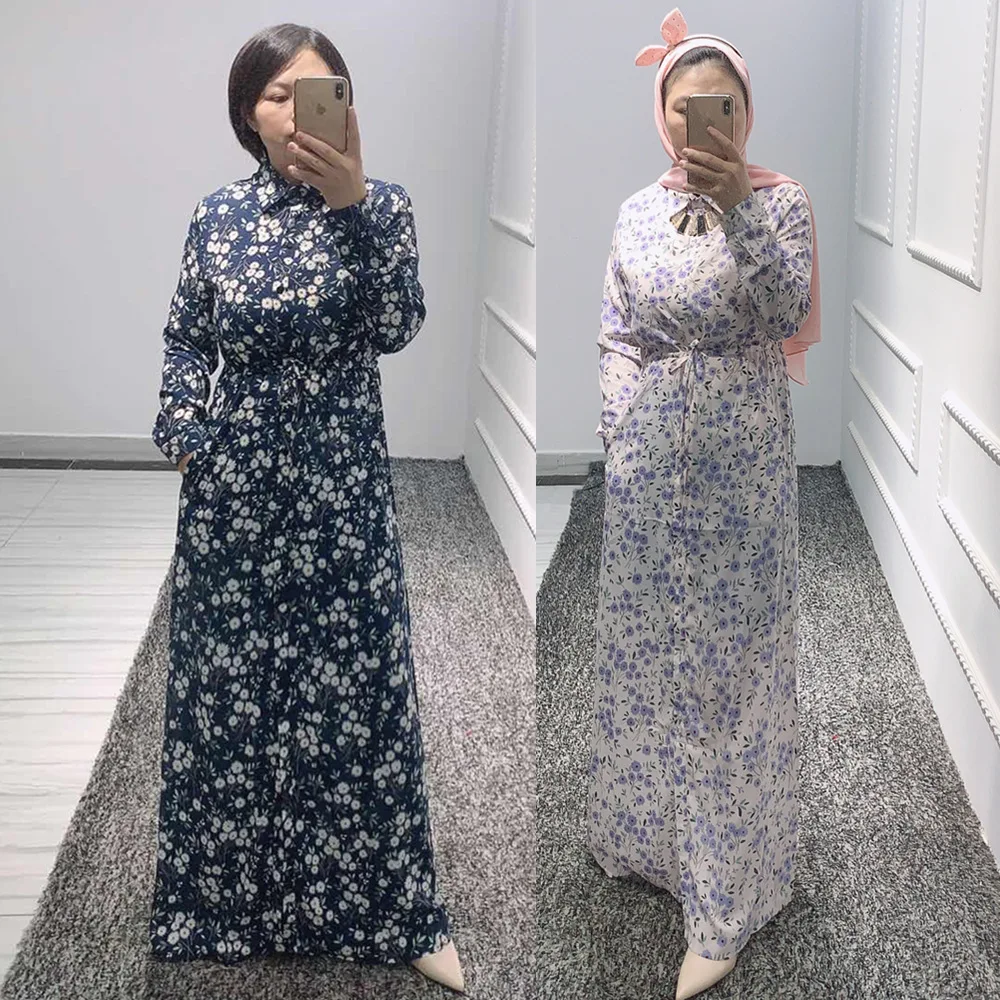 Muslim Shirt Dress Single-breasted Lapel Long Sleeve Floal Maxi Dresses Turkey Arabic Slim Waist Islamic Clothing 2020
Muslim Shirt Dress Single-breasted Lapel Long Sleeve Floal Maxi Dresses Turkey Arabic Slim Waist Islamic Clothing 2020