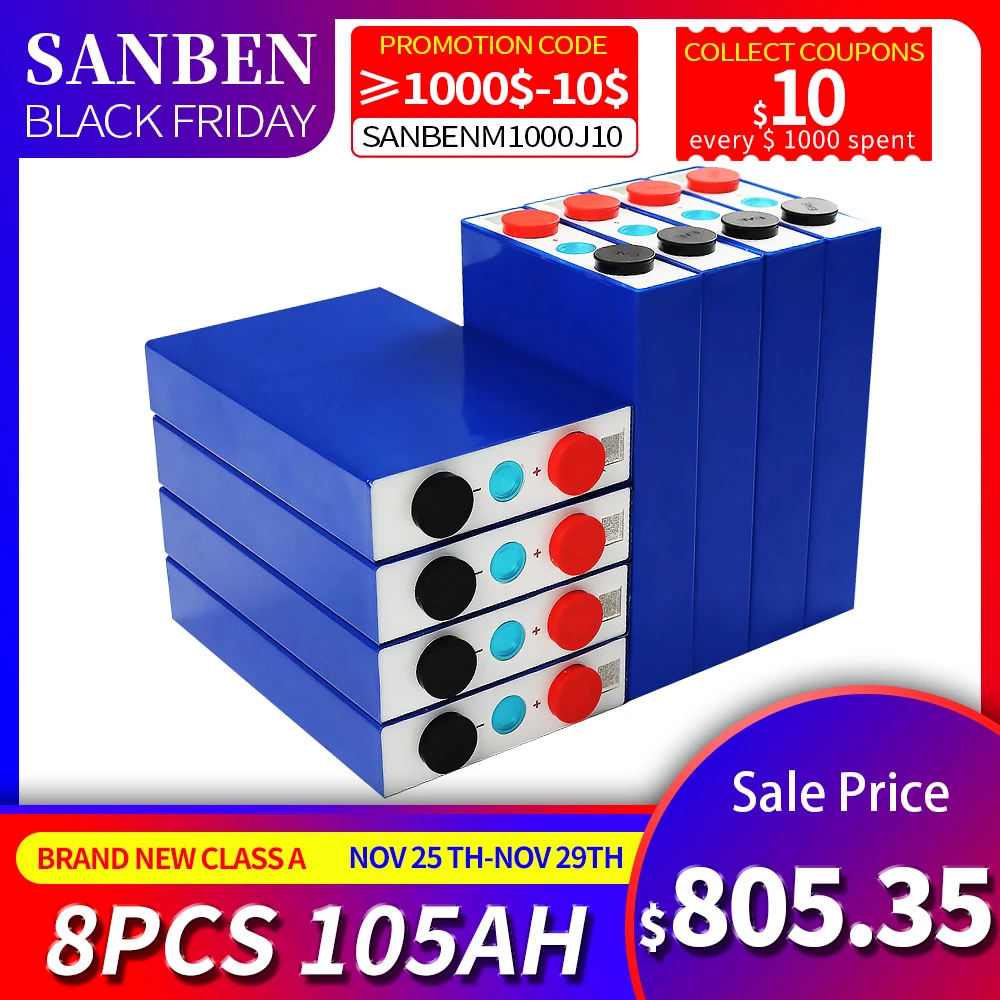 8pcs 3.2v 105Ah Lifepo4 Rechargeable Battery Lithium Iron Phosphate 12v Camper Golf Cart olar energy storage Wind EU US tax free
8pcs 3.2v 105Ah Lifepo4 Rechargeable Battery Lithium Iron Phosphate 12v Camper Golf Cart olar energy storage Wind EU US tax free