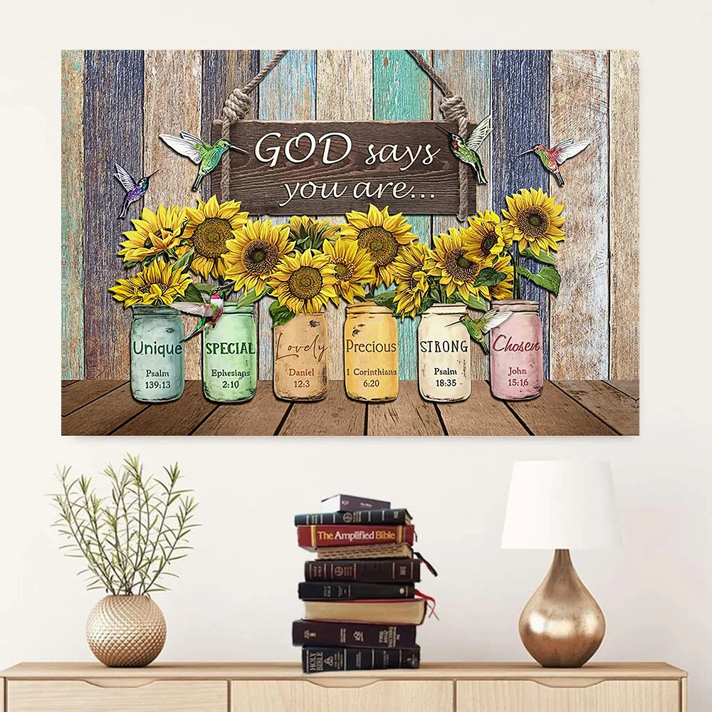 God Says you are Unique Special Lovely Precious Strong Chosen Sunflower Canvas Picture wooden shelf pattern Home Decor Wall Art
God Says you are Unique Special Lovely Precious Strong Chosen Sunflower Canvas Picture wooden shelf pattern Home Decor Wall Art