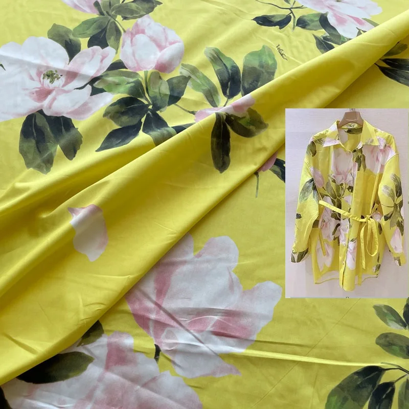 

Имитация стрейч шелк платье ткань полиэстер бренд желтые розовые цветы пользовательская цифровая печать материал для счетчика шитья