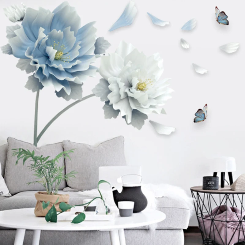 Съемные настенные 3D наклейки большие белые синие цветы Бабочка лотос Настенные