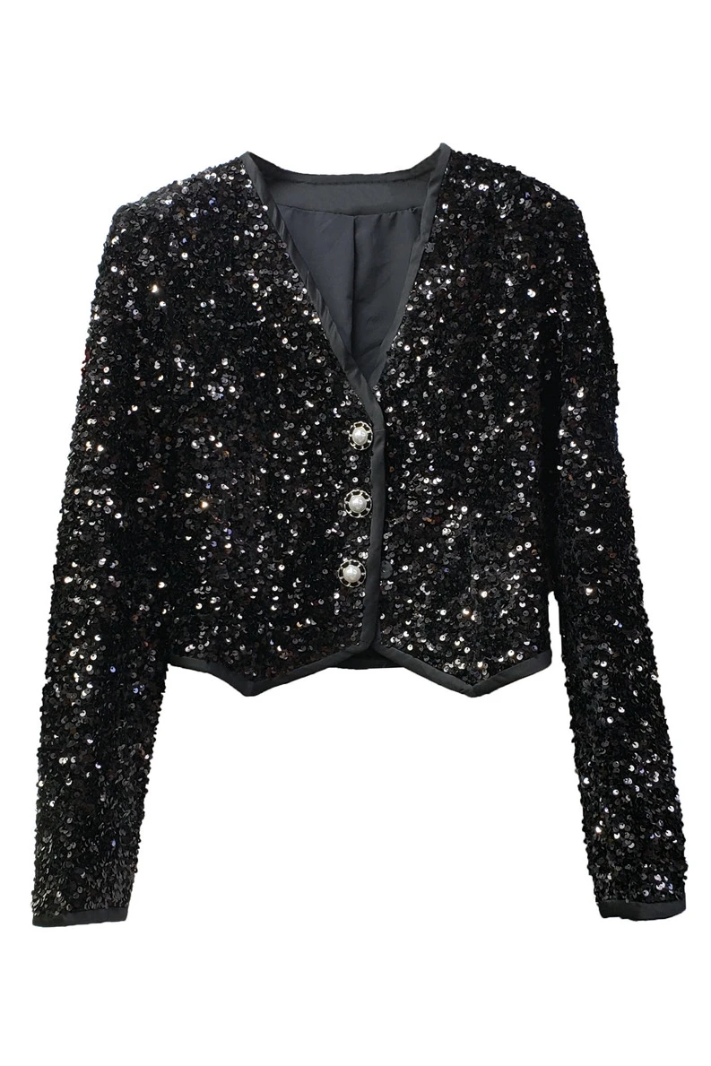 Autumn 2020 new Korean heavy industry sequins temperament V-Neck long sleeve versatile show thin short short short coat woman
Autumn 2020 new Korean heavy industry sequins temperament V-Neck long sleeve versatile show thin short short short coat woman