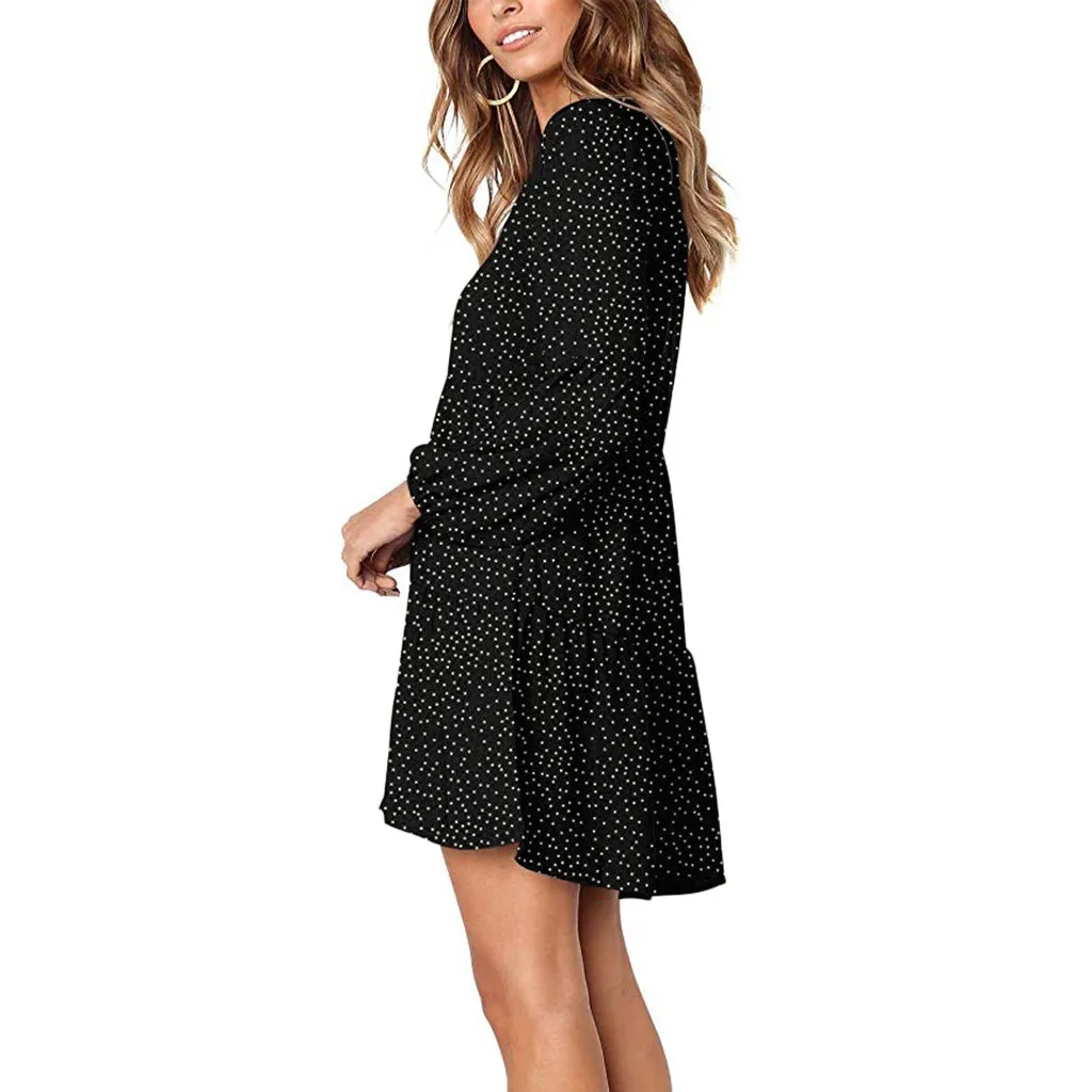 40# Women Polka Dot V-neck Bohemian Dress Long Sleeve Loose Ruffle Swing Dress Vintage V-neck Lady Dresses
40# Women Polka Dot V-neck Bohemian Dress Long Sleeve Loose Ruffle Swing Dress Vintage V-neck Lady Dresses