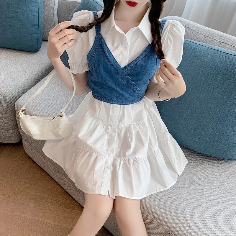 French Dress Suit Women's Fashion Slim Puff Sleeve Shirt Dress Black With Denim Vest Office Lady Streetwear Two Piece Set
French Dress Suit Women's Fashion Slim Puff Sleeve Shirt Dress Black With Denim Vest Office Lady Streetwear Two Piece Set