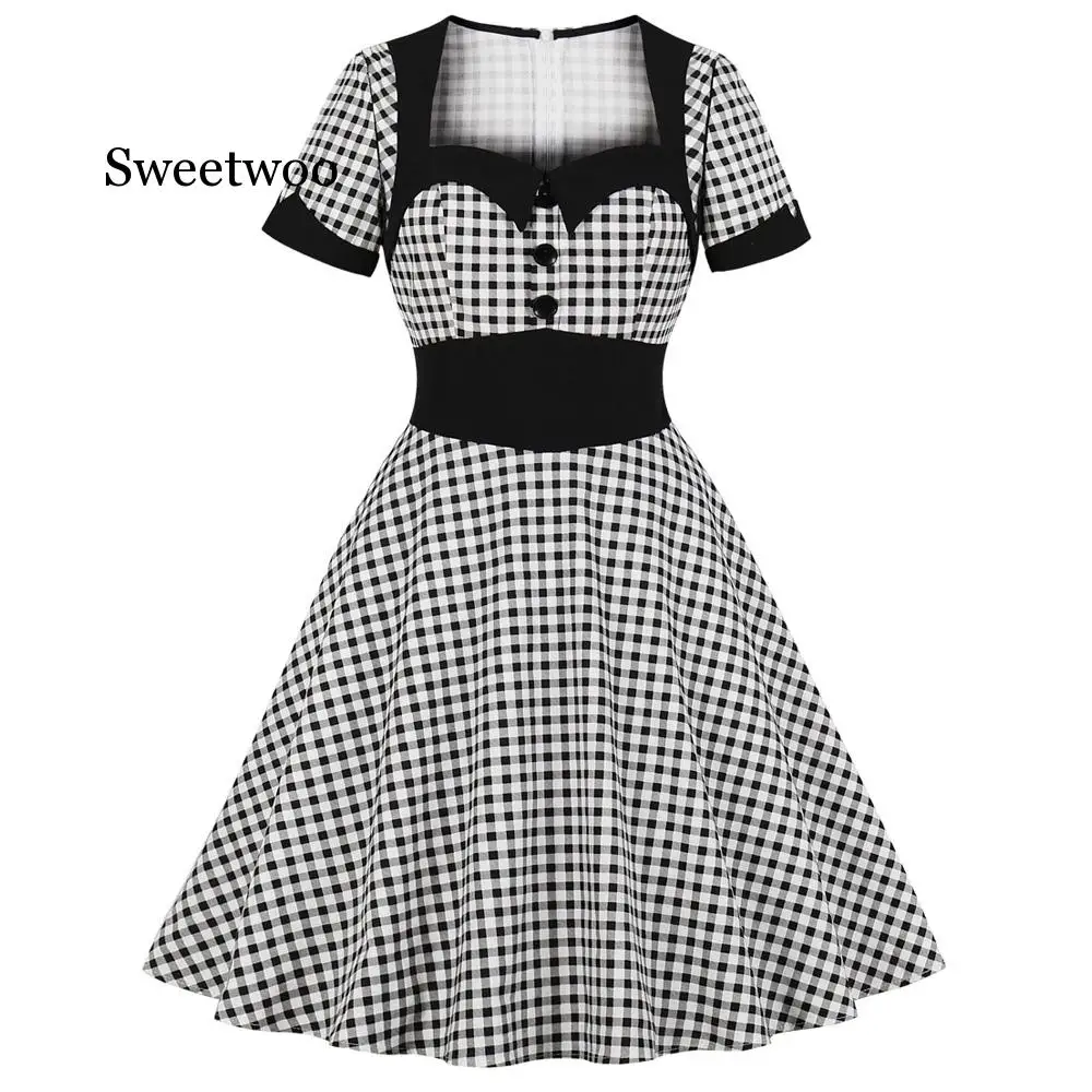 New Plus Size Plaid 60s Women Retre Dress High Waist Short Sleeves Vintage Dress Rockabilly Swing Party Vestidos Petticoat Blue
New Plus Size Plaid 60s Women Retre Dress High Waist Short Sleeves Vintage Dress Rockabilly Swing Party Vestidos Petticoat Blue