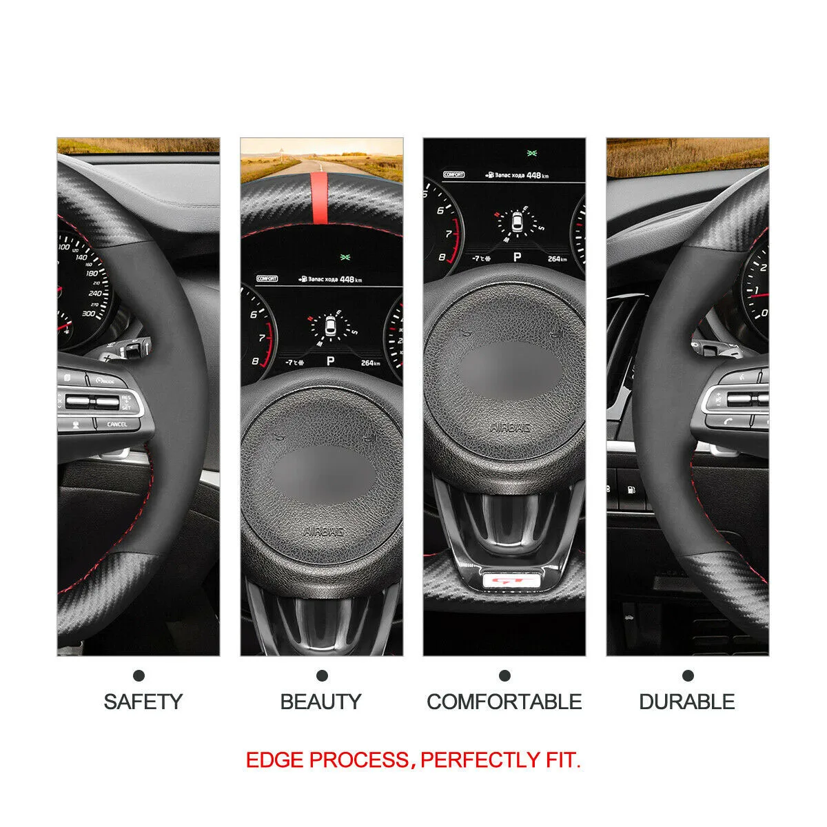 Hand Stitch Black Carbon Fiber and Suede Car Steering Wheel Cover for Kia Stinger (GT) 2018-2021 (D-shape Steering Wheel
Hand Stitch Black Carbon Fiber and Suede Car Steering Wheel Cover for Kia Stinger (GT) 2018-2021 (D-shape Steering Wheel