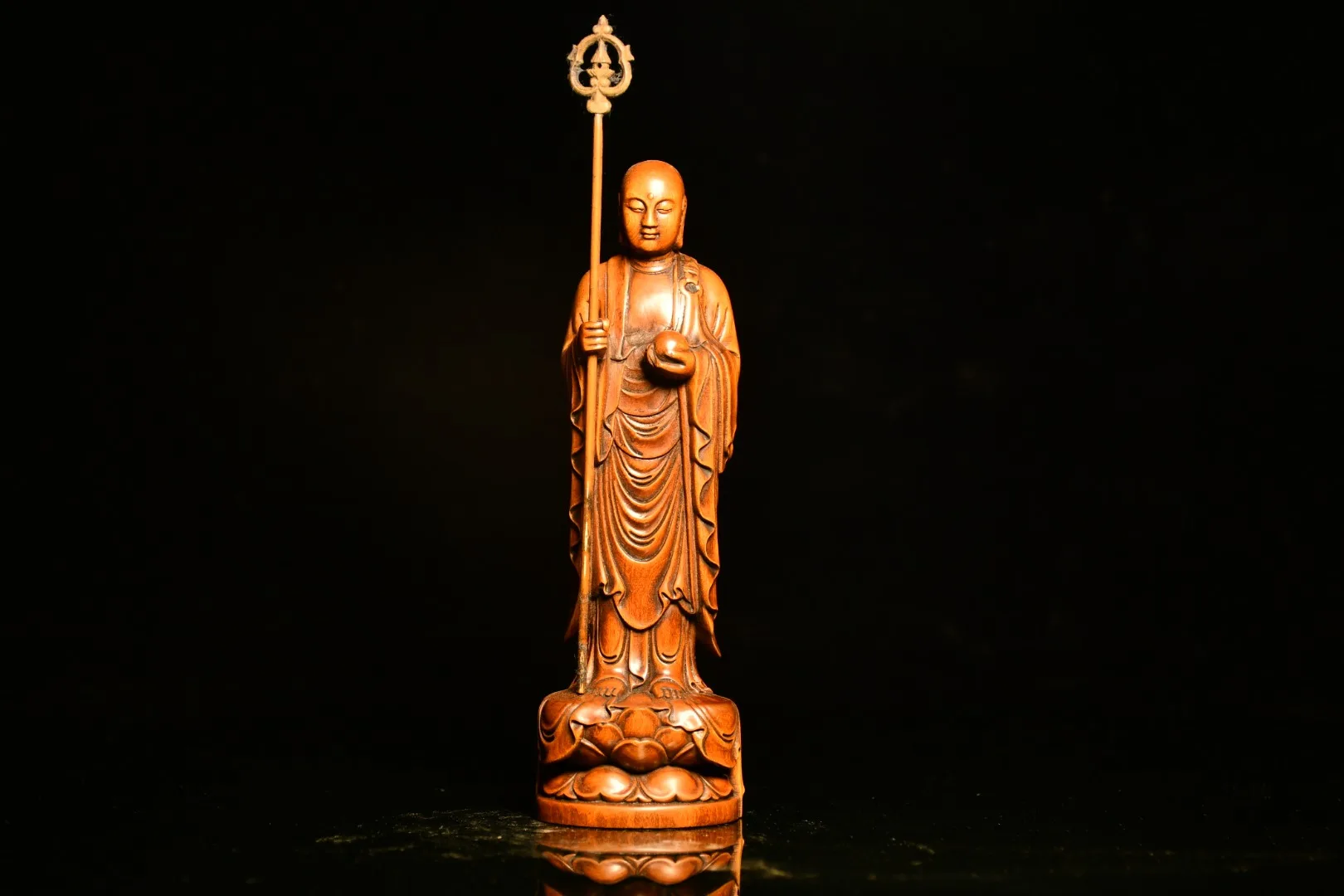 

7"Tibet Temple Collection Old Boxwood Hand-carved Ksitigarbha statue Standing Buddha Jizo Enshrine the Buddha Town House