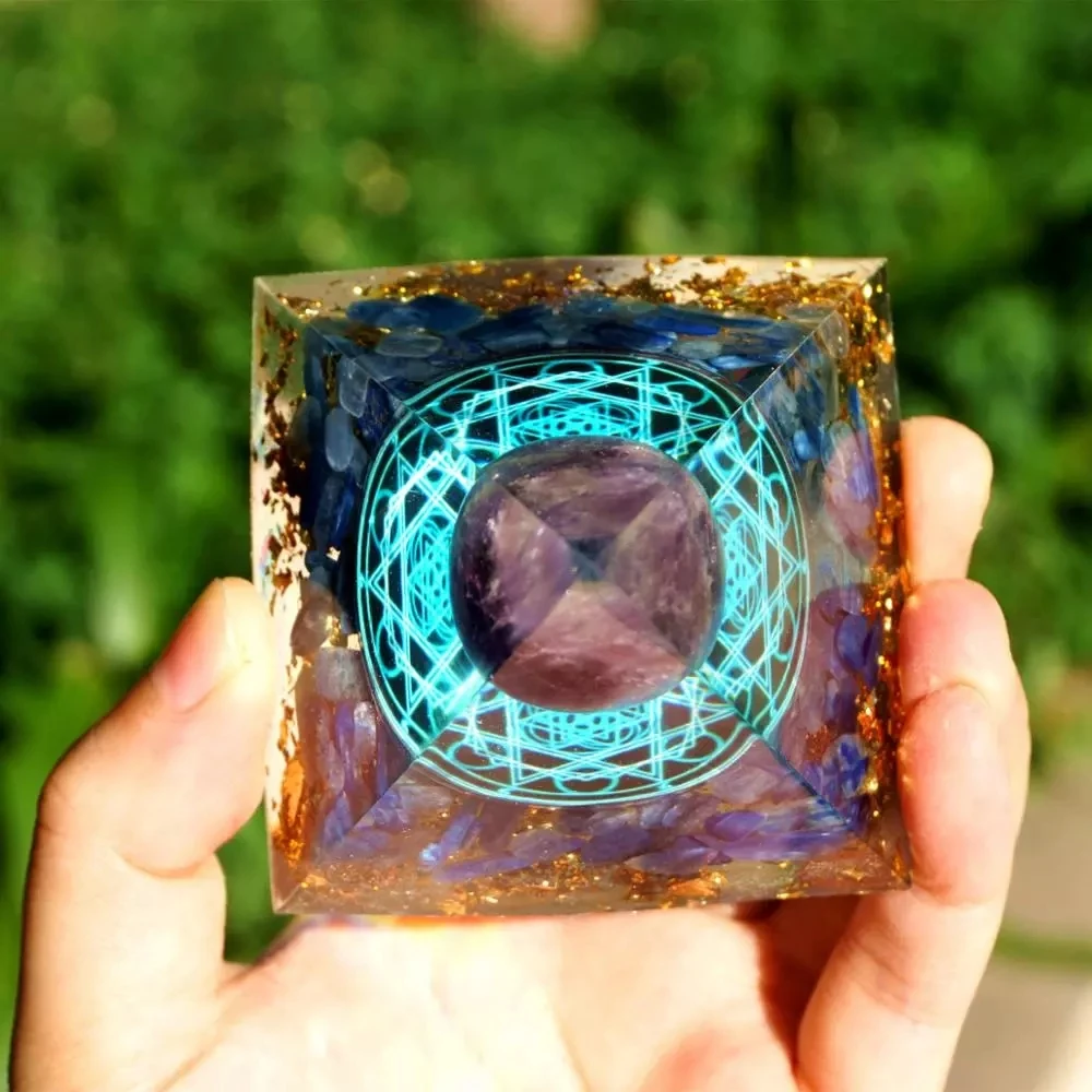 Runes Handmade Amethyst Crystal Sphere Orgonite Pyramid 60mm with Kyanite Stone Reiki Chakra Energy Orgone Collection Gift 
Runes Handmade Amethyst Crystal Sphere Orgonite Pyramid 60mm with Kyanite Stone Reiki Chakra Energy Orgone Collection Gift