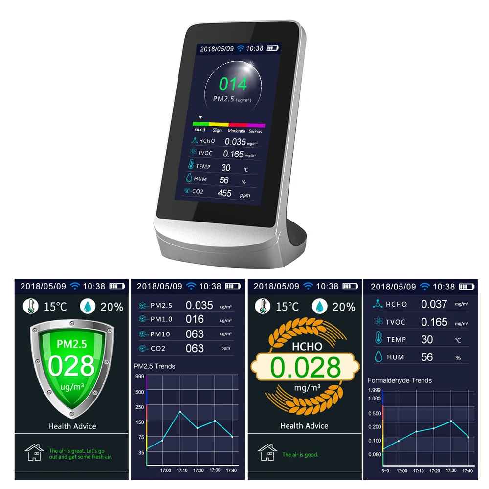 WIFI Air Quality Detector Infrared Carbon Dioxide CO2 Dust PM2.5 PM1.0 PM10 HCHO TVOC Detectors Instrument Compatible with Tuya
WIFI Air Quality Detector Infrared Carbon Dioxide CO2 Dust PM2.5 PM1.0 PM10 HCHO TVOC Detectors Instrument Compatible with Tuya