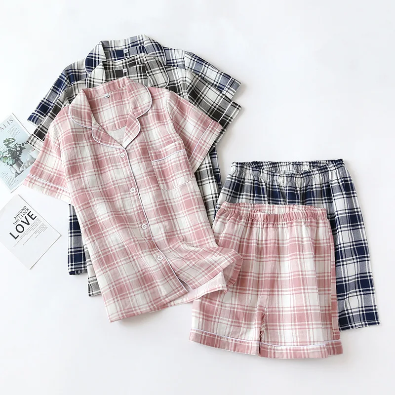 Summer men and women 100% cotton double gauze pajamas plaid short-sleeved shorts suit couple casual home service two-piece loose
Summer men and women 100% cotton double gauze pajamas plaid short-sleeved shorts suit couple casual home service two-piece loose