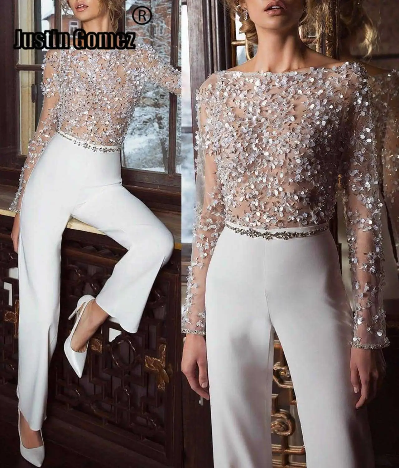 

New Arrival Three-dimensional Mesh Patchwork Jumpsuit Long Sleeve Sequined Modern Romper 2019 Sexy Women White Summer Bodysuit