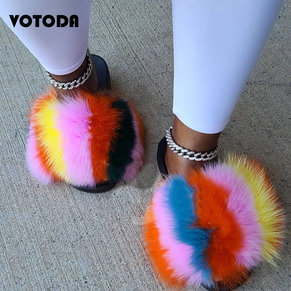 

Fur Slippers Women Real Fox Fur Slides Indoor Flat Flip Flop Casual Raccon Fur Sandals Furry Plush Shoes Cute Fluffy House Shoes