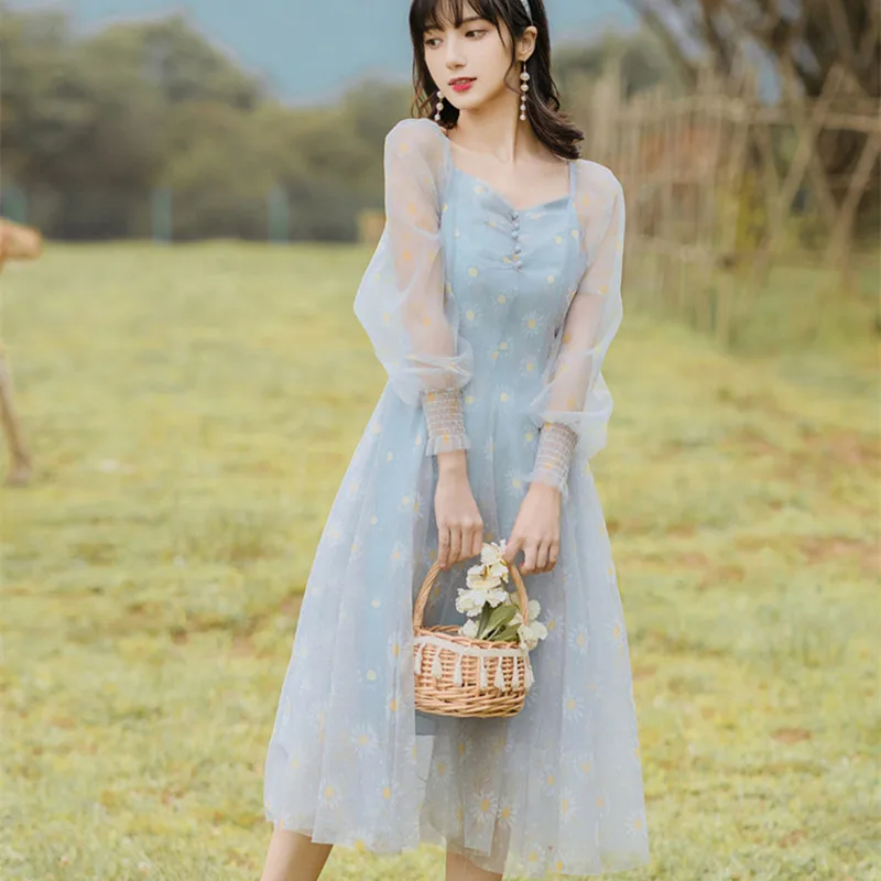 Daisy Floral Square Neck Elegant Net Yarn Dresses Puff Sleeve Bellflower French First Love Dress Blue Gentle Fairy Vestidos 
Daisy Floral Square Neck Elegant Net Yarn Dresses Puff Sleeve Bellflower French First Love Dress Blue Gentle Fairy Vestidos