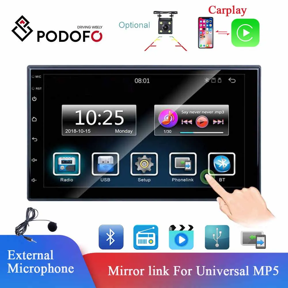 Автомагнитола Podofo 2 Din для Carplay стереоприемник с 7 дюймовым сенсорным экраном HD MP5