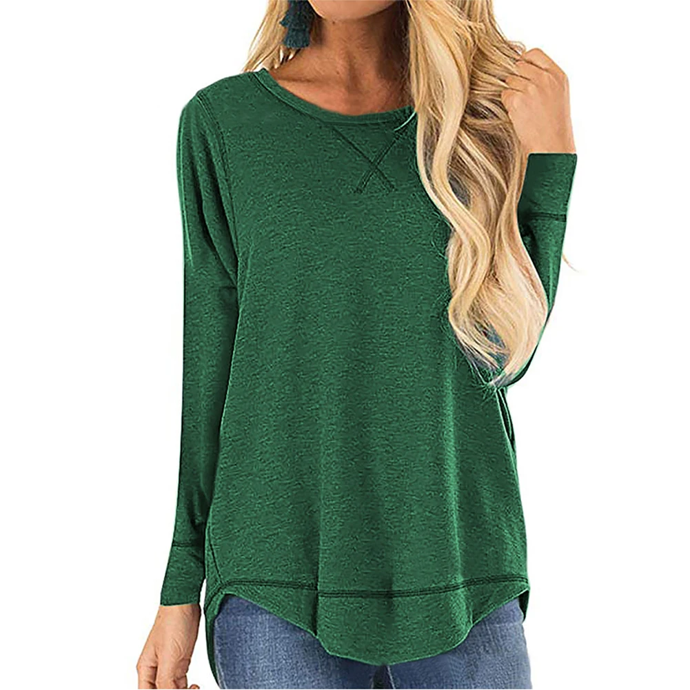 

Pullover for Women, Women's Round Jewel Neck Long Sleeve High-Low Hem Solid Color Loose Cotton Tunic Top for Winter and Fall